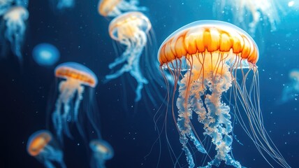 Naklejka premium Colorful jellyfish float gracefully in deep blue ocean