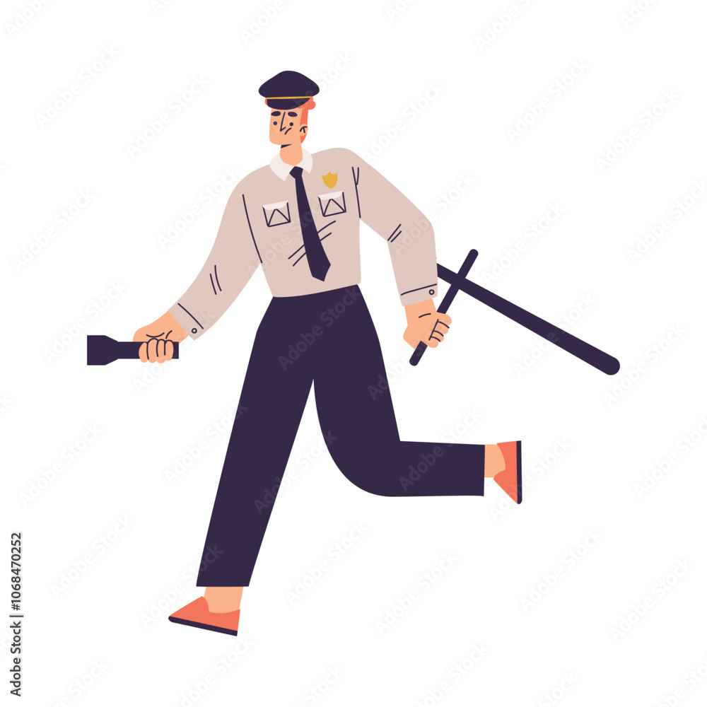 Poster policeman character in uniform with tie run with baton and flashlight vector illustration