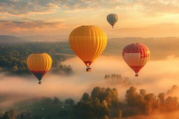 Naklejka premium Majestic Sunrise: A Captivating View of Hot Air Balloons Gliding Over Misty Fields in the Soft Glow of Morning Light