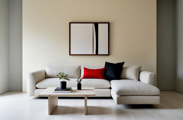 Fototapeta premium Minimalist, japandi style interior design of modern living room. Sectional sofa with black and red pillow near stucco wall with abstract art frame.