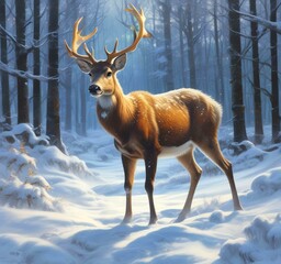Fototapeta premium Illustration of wild animal in winter forest, brown deer.
