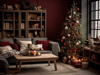 Obraz premium Festive Christmas and New Year holiday living room interior in berry colors, with Christmas tree, wreaths and candles. Living room with Christmas tree. Winter season interior.
