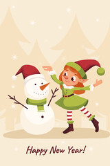 Cheerful Elf Girl and Snowman with New Year Greeting