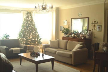 Cozy living room decorated for the holiday season