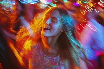 Fototapeta premium Captivating Moments: A Young Woman Dances Joyously Amidst a Colorful, Lively Party Scene Filled with Vibrant Lights and Energy