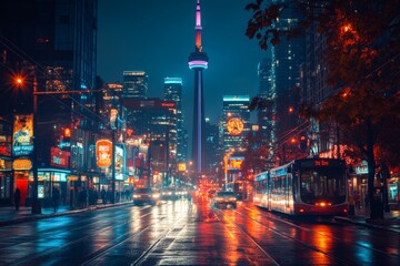 Toronto's Nightlife: A Vibrant View of the CN Tower and City Streets Illuminated by Neon Lights and Reflected in the Rain-Slicked Pavement