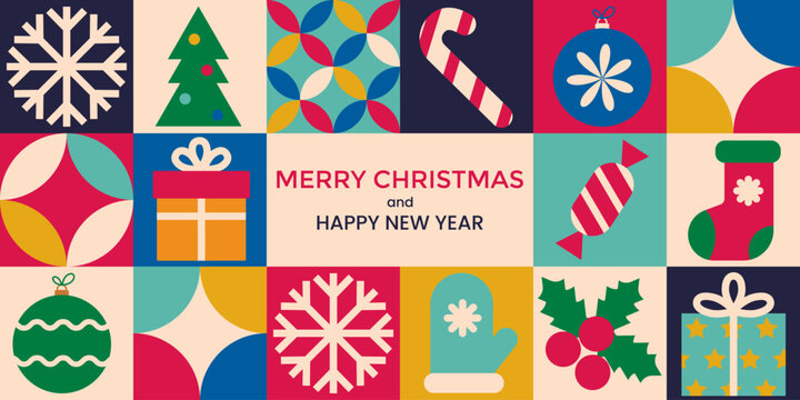 Merry Christmas and Happy New Year minimalist geometric mozaic modern background. Christmas trendy design squares banner. Christmas icons for packaging, card, cover, poster, postcard, cover