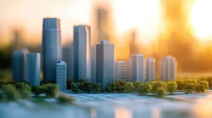 Obraz premium Miniature model of modern city with tall buildings and green spaces at sunset