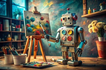 Vintage Style Photography of an AI Robot Creating a Masterpiece: A Fusion of Technology and Artistry in a Classic Aesthetic