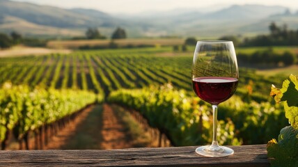 Glass of red wine on wooden ledge overlooking vineyard, hilly countryside in background