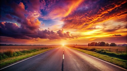 Vintage Style Photography of an Asphalt Road at Sunset with Warm Hues, Evoking Nostalgia and Adventure Through a Serene Landscape Capturing the Beauty of Nature and Travel
