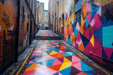 Fototapeta premium Vibrant Urban Artwork: A Colorful Alleyway Transformed by Geometric Murals and a Rainbow-Patterned Pavement for an Artistic City Experience