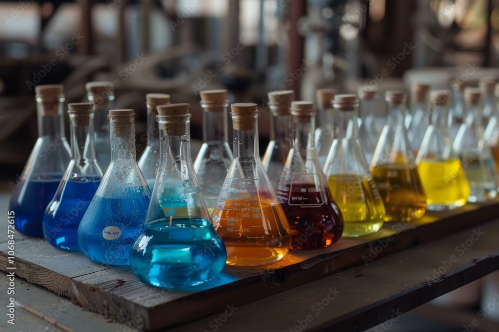 Poster row of erlenmeyer flasks containing colorful liquids sits on a wooden table in a science lab