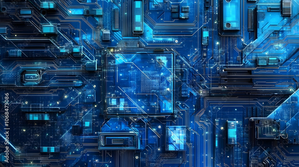 Poster futuristic blue circuit board design showcasing intricate patterns and connections, ideal for techno