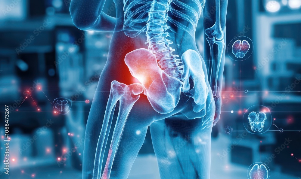 Poster doctor examining hip area using digital x-ray display in medical environment with focus on skeletal 