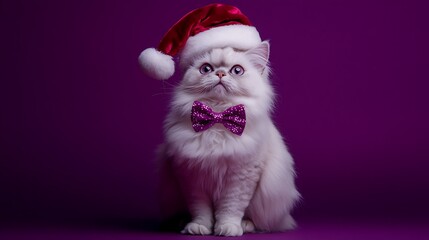 Adorable white kitten in Santa hat and bow tie on purple background with copy space