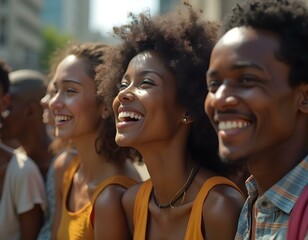 Fototapeta premium Multicultural group of different ethnicities of girls happy smiling and inspired on the street, on a sunny day, in a city with buildings in the background.