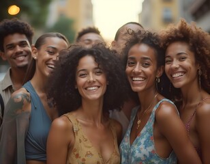 Fototapeta premium Multicultural group of different ethnicities of girls and boys happy smiling and inspired on the street, on a sunny day, in a city with buildings in the background.