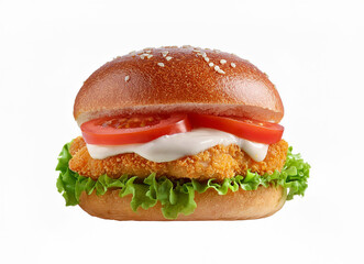 Chicken Burger with Sauce, tomatoes, onion and lettuce on white background. isolated chicken burger