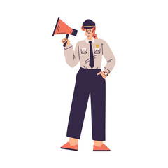 Policewoman Character in Uniform with Tie Stand with Megaphone Vector Illustration