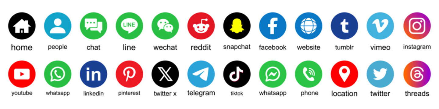 social media pinterest, instagram, web, telegram, messenger, tiktok, fecebook, in, x, telephone, whatsapp, location, twitter, like, wechat, snapchat, linkedin,reddit