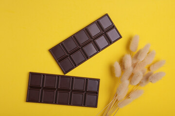 Dark chocolate bars with lagurus flowers on a yellow background