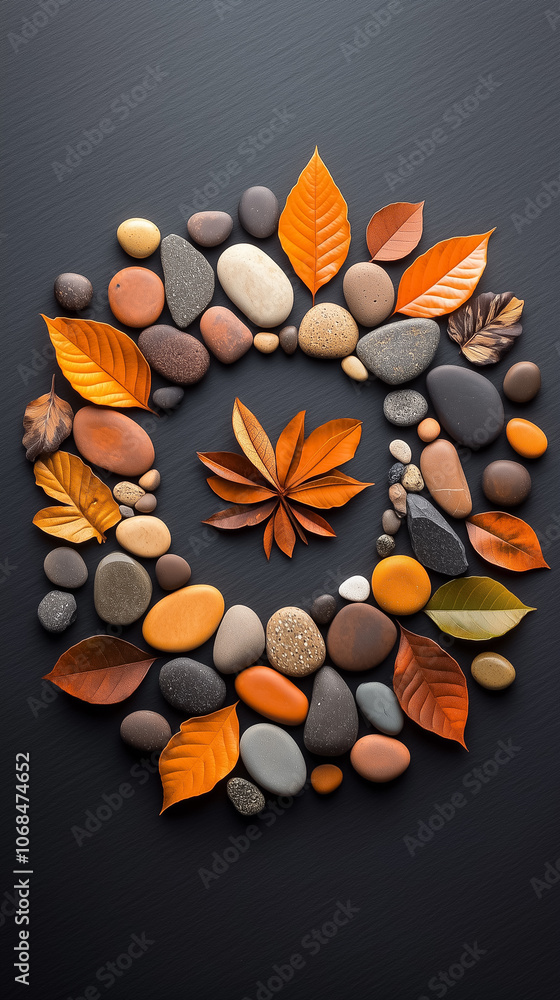 Poster autumn leaves in warm colors surround smooth pebbles forming a circular pattern on a black backgroun