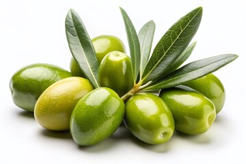 Obraz premium Fresh Green Olives on Branches Isolated on White Background for Culinary and Health Use, Macro Photography of Olive Fruits, Organic Produce, Mediterranean Diet, Healthy Eating