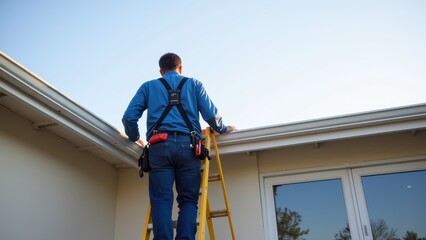 Worker Climbing Ladder for Home Maintenance Task
