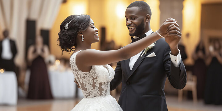 Happy bride and groom dancing first dance on their wedding.
