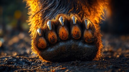 Bear paw close-up in mud, sharp claws and fur, wildlife detail, animal footprint, nature outdoors, wilderness tracking, rugged strength, predator presence, sunset lighting