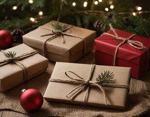 Festively wrapped Christmas gifts with natural accents, perfect for the holiday season.