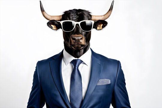 Portrait of real bull wearing blue business suit with white shirt and blue necktie and sunglasses against white background