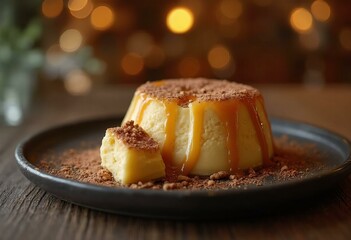 Caramelized Cr�me Br�l�e With Caramel Sauce On Dark Plate In Warm, Golden Bokeh-Lit Setting