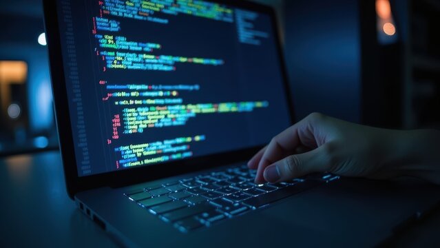 Close-Up of Coding on Laptop Screen at Night