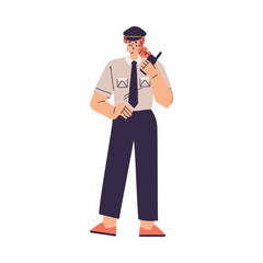 Policewoman Character in Uniform with Tie Stand with Walkie Talkie Vector Illustration