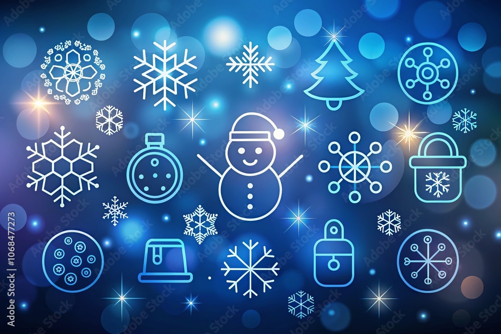 Poster winter outline icon set for website and mobile app use with bokeh effect for presentations and proje
