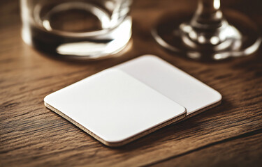 Simple white coasters on a wooden table with glass