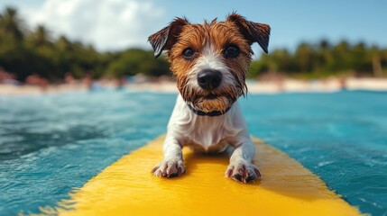 Wet dog on surfboard, beach background, ocean adventure, playful Jack Russell, summer fun, vacation vibes, pet enjoying water, tropical beach day, active outdoors