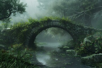 Ancient stone bridge covered by plants is crossing a misty river in a magical forest full of mystery