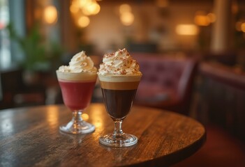 Two Layered Milkshakes With Whipped Cream And Nut Toppings On Wooden Table In Caf�