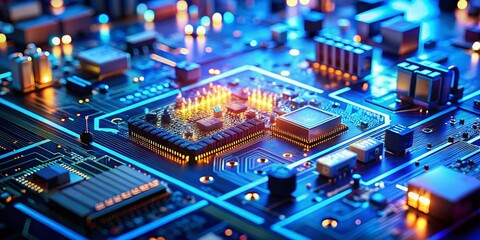 Obraz premium Futuristic Electronic Circuit Technology with Tilt-Shift Effect - Glowing Blue Background and Circuit Board Traces for AI Innovation Visuals