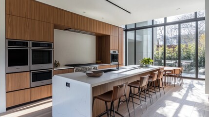 Modern Kitchen with White Countertops, Wood Cabinets, and Large Windows