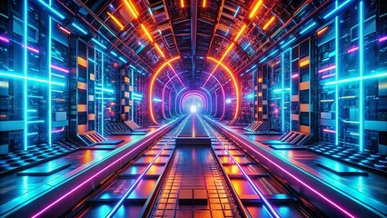 Fototapeta premium Futuristic Neon Cyber Tunnel 3D Render - Vivid Landscape of a High-Tech World, Bright Colors, Electric Vibes, Sci-Fi Aesthetic, Digital Art, Hyperrealistic Environment, Virtual Reality Scene
