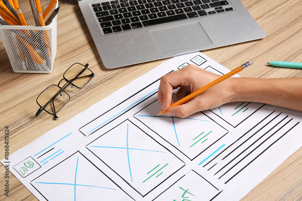 Poster developing ui design. designer with smartphone creating website wireframe on paper at wooden table, 