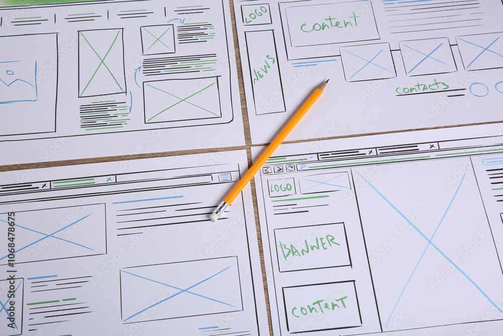 Poster developing ui design. sketches of website wireframes and pencil on table, above view