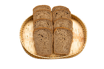 Slices of dark rye bread lie on a wooden tray, rustic style. Isolation on a transparent background.