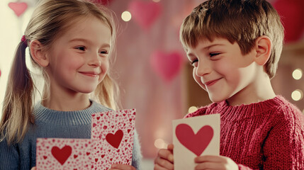 Children exchanging handmade Valentine’s Day cards with smiles