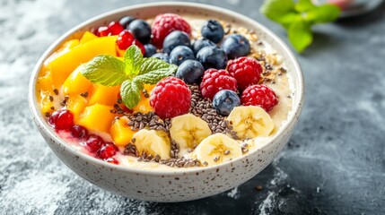 This healthy bowl features a colorful assortment of fresh fruits, including mango chunks, blueberries, raspberries, and banana slices, all resting on creamy yogurt with chia seeds