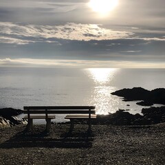 Peaceful Cove with Wooden Benches, Light Reflecting on Calm Waves for Mindfulness and Relaxation